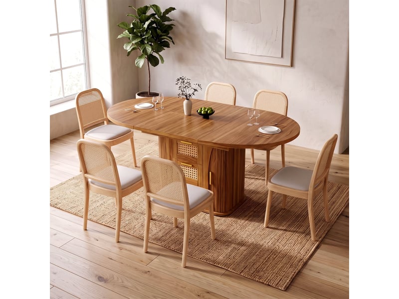 Ensemble table à manger extensible 118-158 cm + 6 chaises en bois massif, dossier rotin, mdf aspect bois, tiroirs en rotin, assise lin - Conforama R