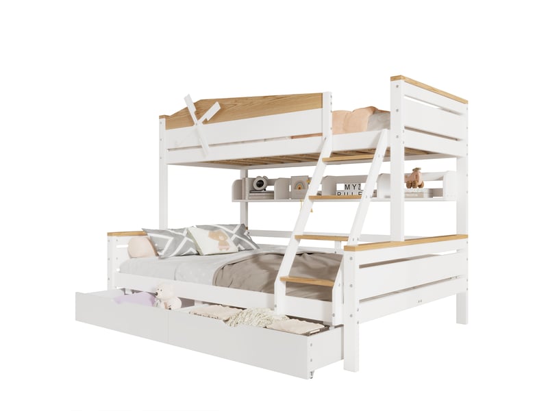  Lit superposé 90x200 &amp; 140x200 cm - lit avec protection et rangement pour enfant, grille antichute, échelle à 4 niveaux, bois de pin + mdf, blanc + naturel  - Conforama A