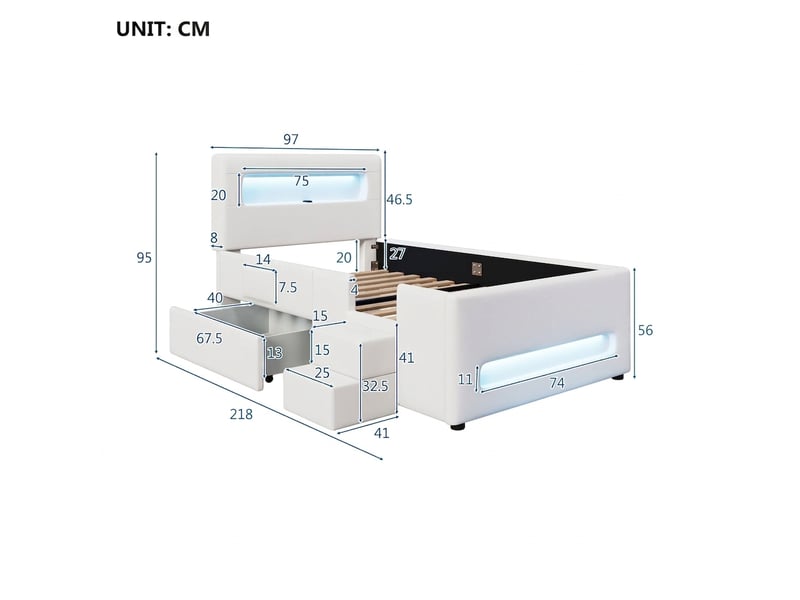  Lit capitonné 90x200 avec escalier et tiroirs, led et port usb, blanc  - Conforama E