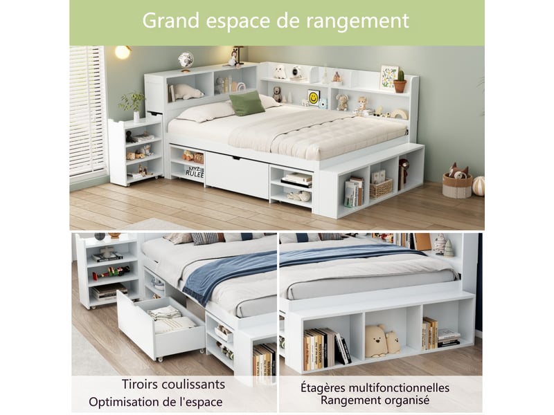  Lit double 140x190cm lit enfant adolescent adulte avec table de chevet caché étagères de rangement tiroir sommier à latte, blanc  - Conforama W