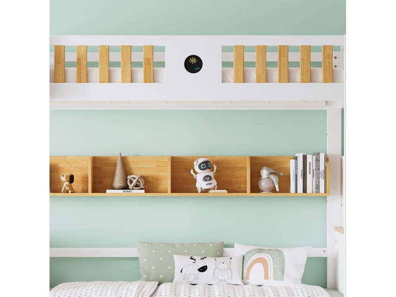 Lit superposé 90x200cm, lit enfant avec compartiments, tiroirs, espace de rangement, barrière de protection, blanc et naturel - Conforama E