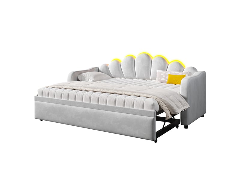  Lit banquette gigogne 90x200cm, lit enfant, éclairage led, design sobre, pour chambre, en mdf, tissu finition velours, gris, sans matelas  - Conforama A