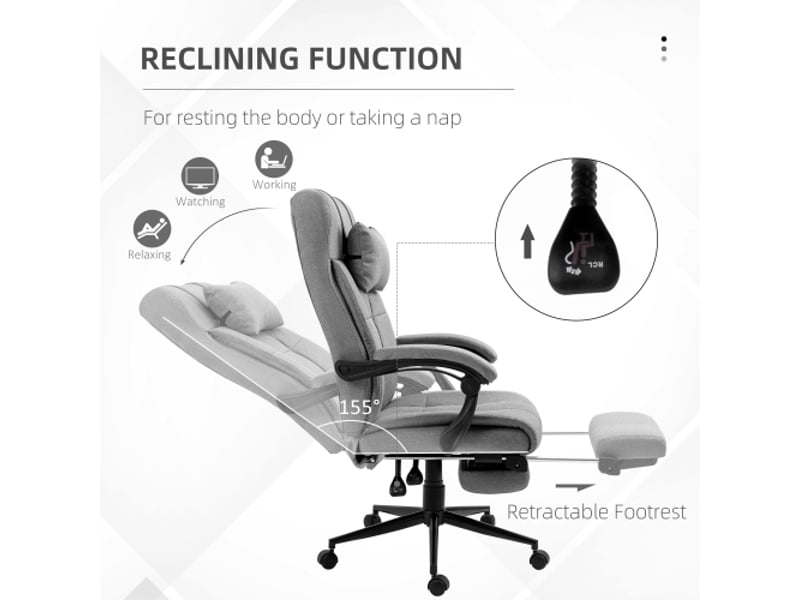  Chaise de bureau ergonomique en lin, appui-tête, accoudoirs, repose-pieds, 66x70x116-124 cm  - Conforama D