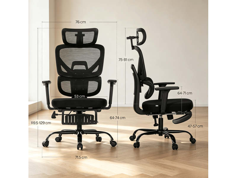  Chaise de bureau ergonomique noire, repose-pieds réglable et dossier inclinable  - Conforama C
