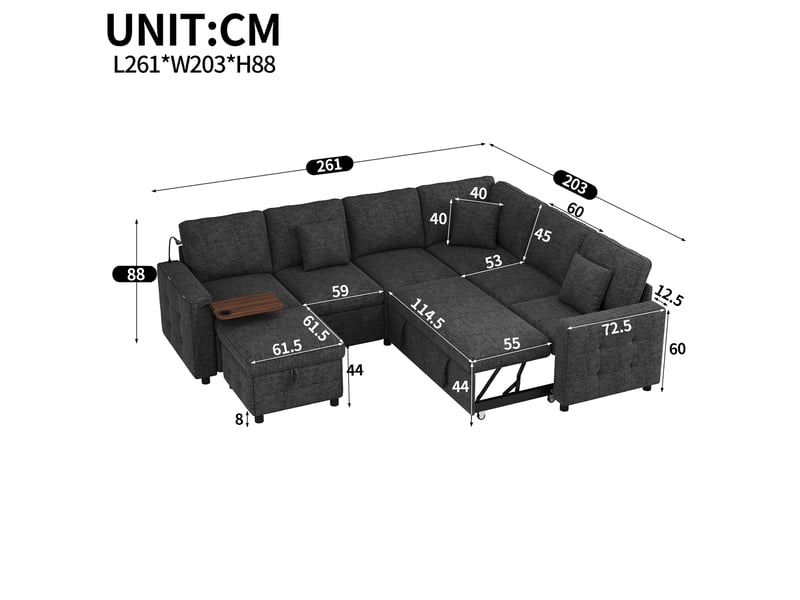  Canapé d'angle convertible 7 places, coffre de rangement, led, usb et usb-c, pouf, table rabattable, porte-gobelets - gris  - Conforama C