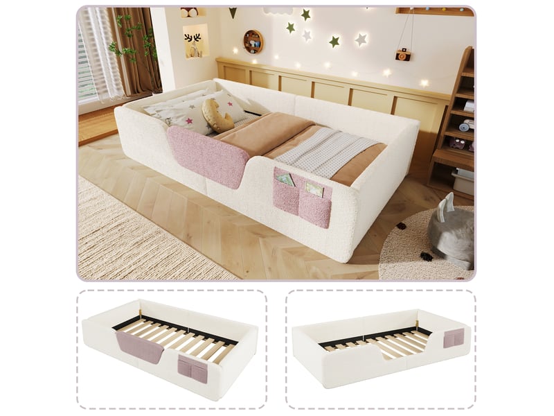  Lit enfant rembourré 90x190 cm, barrières amovibles, poche de rangement, velours, cadre bas, beige CozyNest - Conforama B