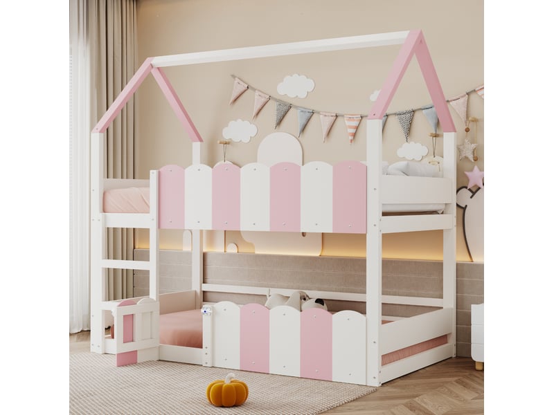 Lit superposé enfant 90 x 200 cm maison, sommier à lattes supérieur rose et blanc - Conforama B