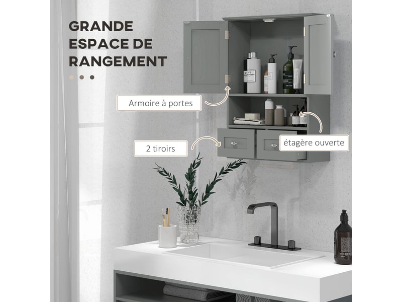  Armoire murale de salle de bain grise avec portes, étagère et 2 tiroirs  - Conforama R