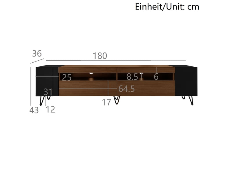  Meuble tv modenvie 180 x 36 x 43 cm avec rangement mdf noir et décor bois  - Conforama C