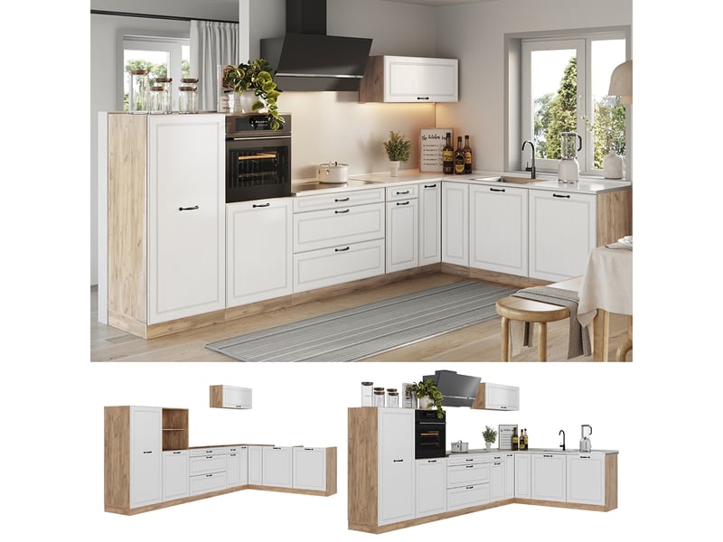 Vicco cuisine en angle, blanc campagnechêne doré, 347 x cm plan de travail chêne doré - Conforama D