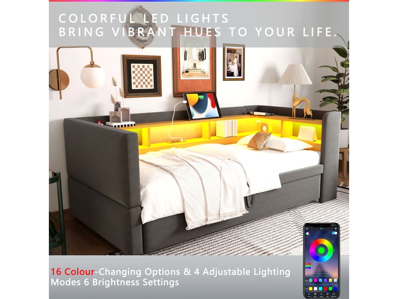  Lit banquette 90180x190 cm – gris foncé – couchage gigogne, led, prises et rangements – sans matelas  - Conforama E