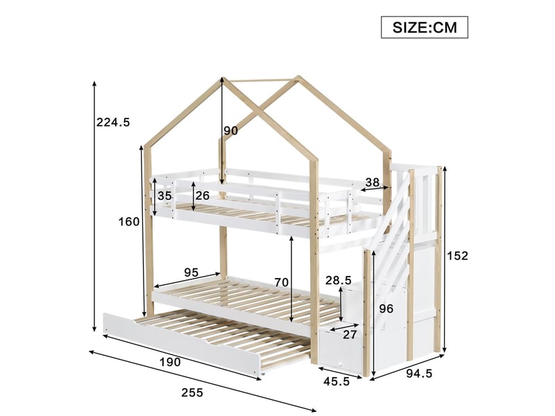  Lit superposé enfant 90 x 190, schiebebett, lit superposé ,treppe mit 3 schubladen, mit lattenroste  - Conforama C