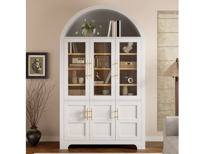  Buffet haut 6 portes avec vitrine 110x40x185 cm mdf et panneaux de particules blanc  - Conforama W