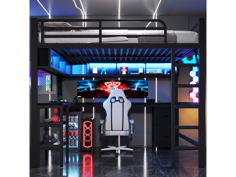 Lit mezzanine gaming 140x200 cm noir, avec bureau, rangements, étagères, placard, led, usb, structure métal, sommier inclus, sans matelas - Conforama W