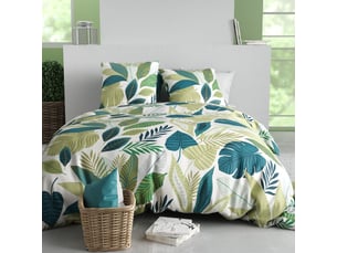 Parure housse de couette 240x220cm + 2 taies motif tropical vert et blanc 100% coton - pikilia