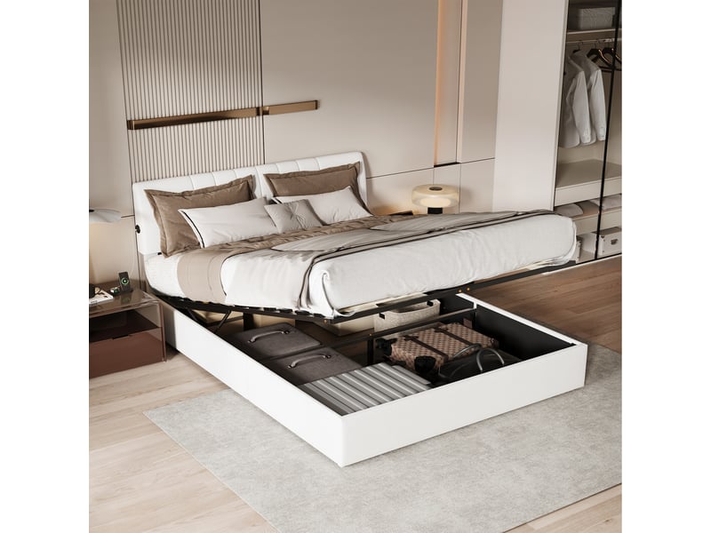  Cadre de lit rangement 160×200cm avec rangement hydraulique, lit rembourré, tête de lit réglable avec port usb, lit pour adulte, revêtement en polaire teddy, couleur crème blanc, matelas non inclus 250418HXF0303#ADHW7cbYJcFRHF - Conforama B