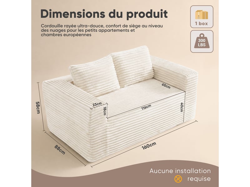 Canapé compact 2 places 160x88x58 cm, canapé de sol en mousse à assise profonde, pour appartement chambre bureau, velours côtelé, beige Sol Morn - Conforama C