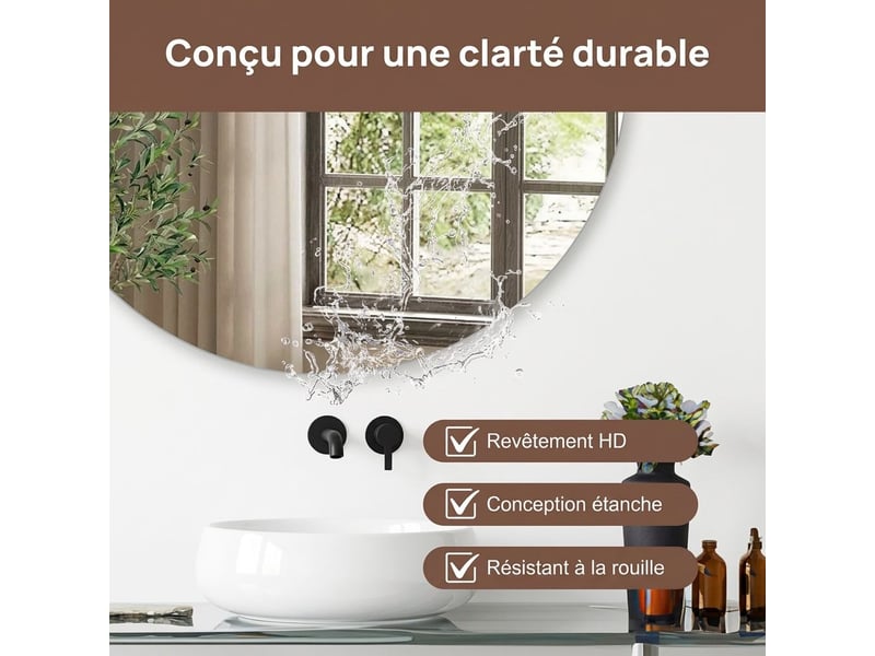  Miroir de salle de bain rond mural ø 70 cm en verre trempé hd sans cadre – miroir suspendu anti-buée, anti-corrosion et anti-explosion pour salle d'eau, chambre et entrée  - Conforama B
