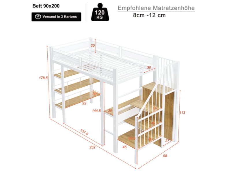  Lit mezzanine enfant 90x200 cm – blanc – bureau, rangement, led et prise intégrée – escalier réversible - sans matelas  - Conforama C