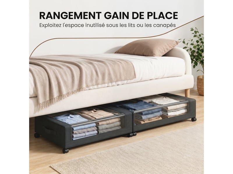 Bac de rangement 40l x 2 - boîte de rangement dessous de lit - roulettes, fermeture éclair - tissu noir - Conforama E