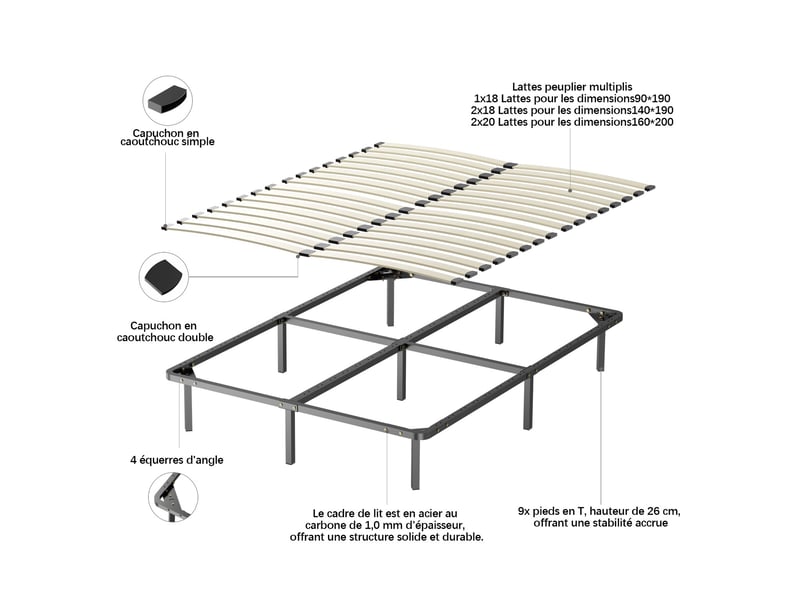  Ensemble 140x190cm matelas à ressorts +sommier à lattes sur pieds, epaisseur du matelas 20cm  - Conforama B