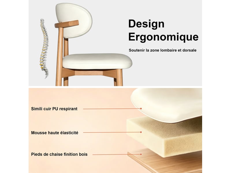 Lot de 2 chaises de salle à manger 59x65x27 cm, couleur chêne, en pu, dossier ergonomique pour cuisine et bureau - Conforama E