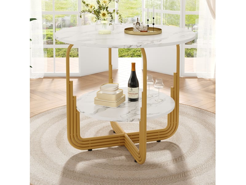 Table ronde, 80x80x76 cm, plateau imitation marbre épais, plateau en mdf, design moderne, pratique, mdf, coloris dorée  - Conforama B