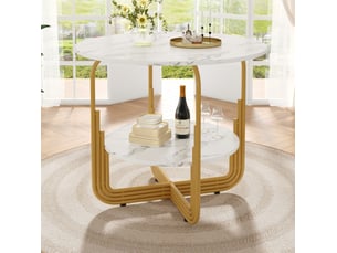Table ronde, 80x80x76 cm, plateau imitation marbre épais, plateau en mdf, design moderne, pratique, mdf, coloris dorée