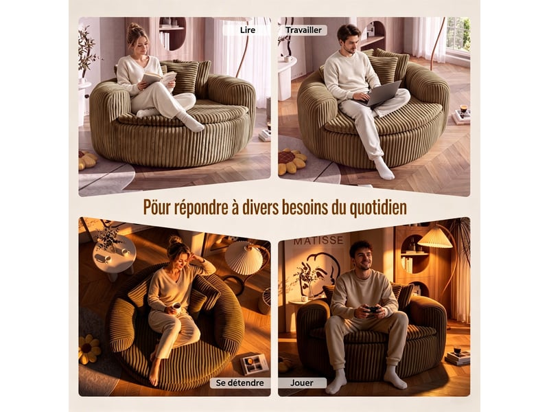  Pouf lounge côtelé en velours côtelé camel avec assise profonde et 5 coussins pour... IKSETERA TRADING LTD - Conforama E