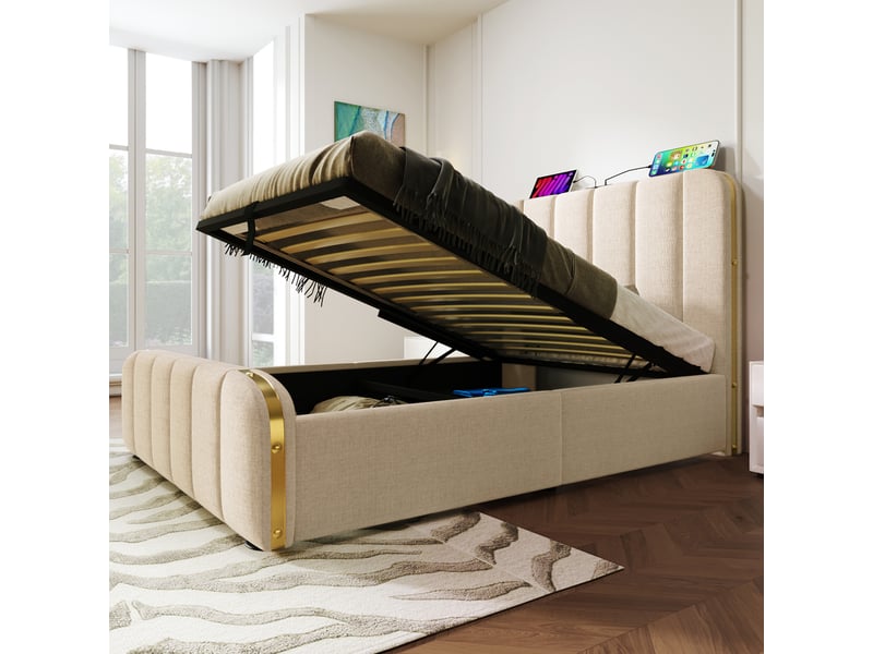 Lit simple 90x200 cm - lit avec led et tiroirs - lin - sans matelas - beige - Conforama D