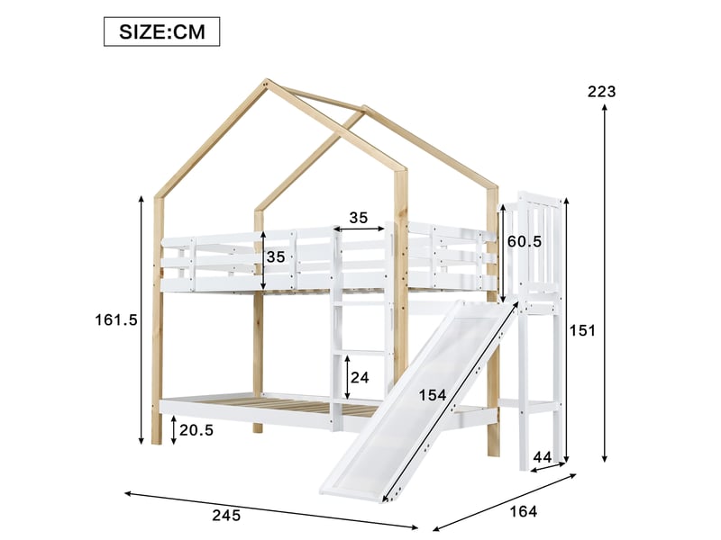  Lit superposé maison 90x200 cm, lit enfant, toboggan, 2 tiroirs, échelle 3 marches, mdf, blanc et naturel, sans matelas  - Conforama C