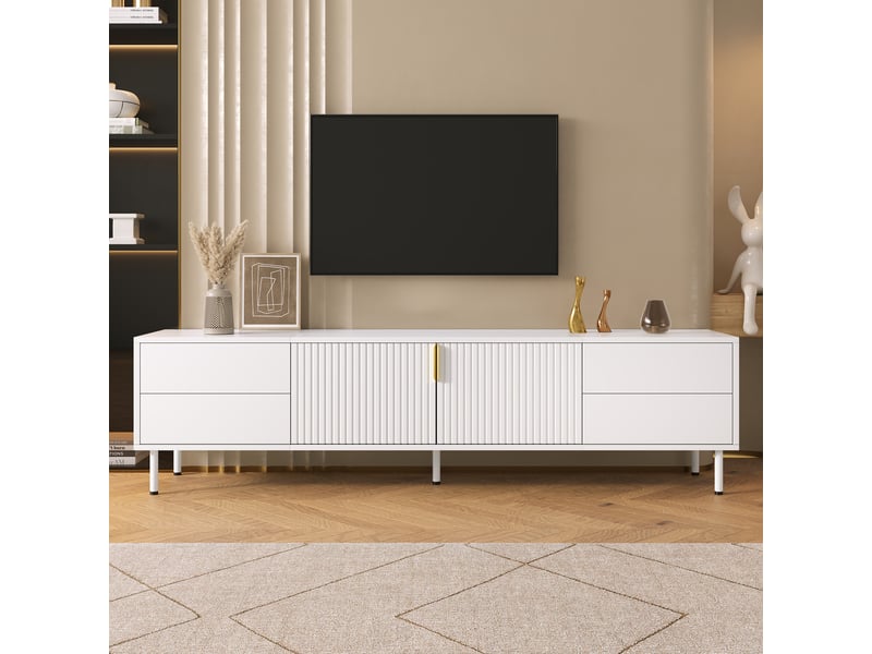  Meuble tv 180 cm blanc, 4 tiroirs push-to-open, portes à rainures, pieds métal  - Conforama B