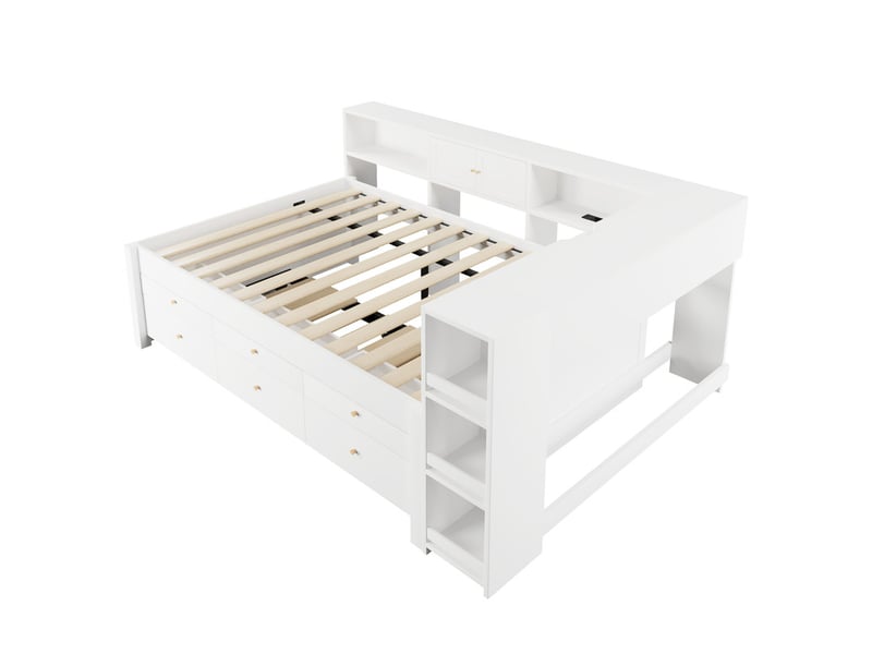  Lit enfants 140 x 200cm avec port de charge usb, 3 tiroirs, lit d'appoint gigogne et espace de rangement, blanc  - Conforama E