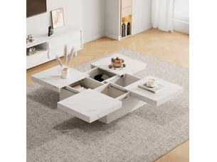Table basse carrée moderne avec 4 tiroirs et plateau coulissant, effet marbre, pour salon, 90 × 90 × 25 cm