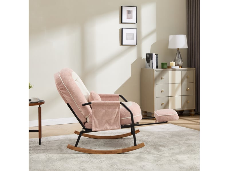 Rocking-chair avec dossier inclinable et repose-pieds coulissant, coussin et poches latérales en fausse fourrure rose - Conforama E