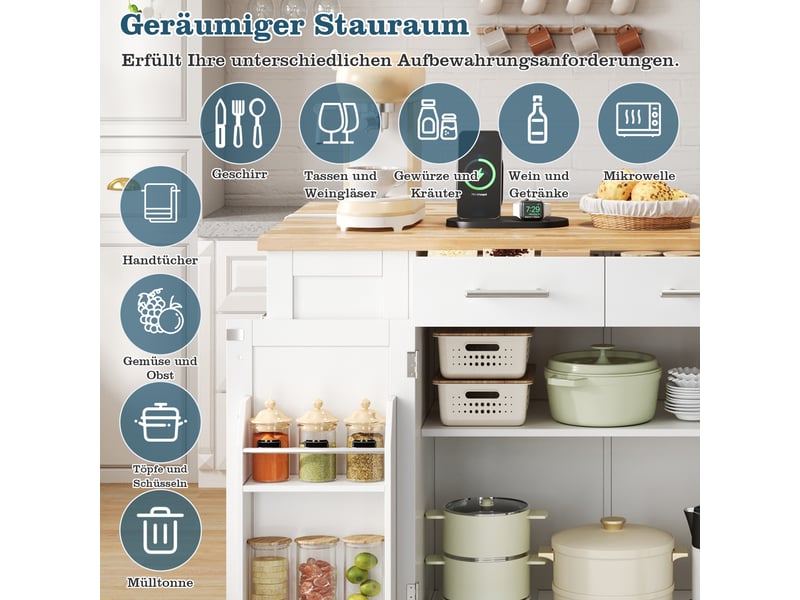  Îlot de cuisine mobile 138 × 86 × 92 cm blanc et naturel, mdf, plateau rabattable, prises eu, usb, type-c et bac coulissant  - Conforama D