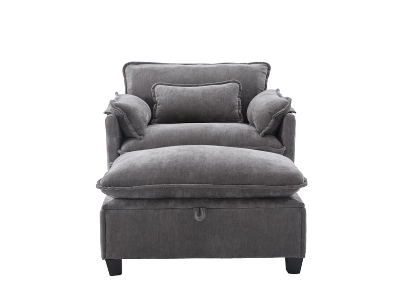  Fauteuil de détente 103x85x91 cm, avec pouf, sac de rangement, tissu chenille, gris Cozy Nook - Conforama A