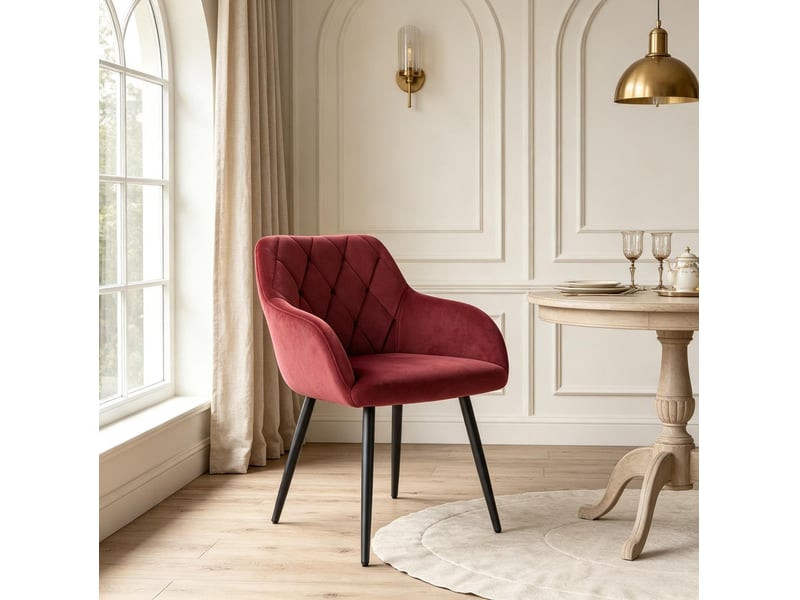 Chaise de salle à manger avec accoudoirs rouge en velours, assise rembourrée et pieds en métal, 1 pièce - Conforama E