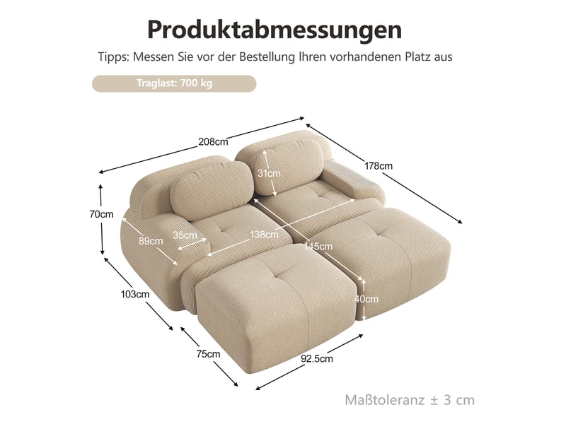  Canapé d’angle réversible 2 places en velours côtelé beige, 208 cm, sans montage W3325S00033 - Conforama E