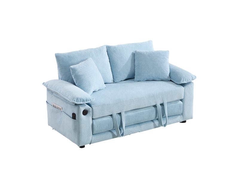 Canapé convertible 3 en 1 deux places avec couchage dépliant et poches latérales en chenille bleu - Conforama A