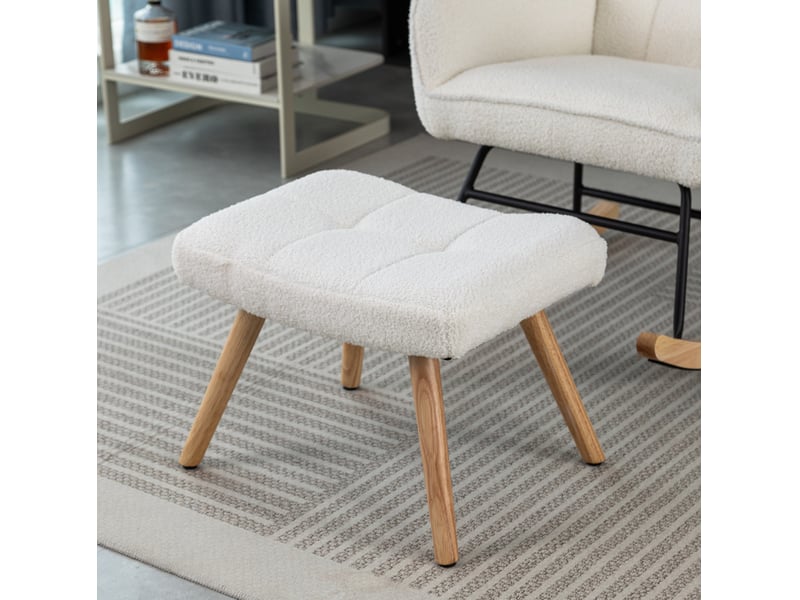  Fauteuil à bascule avec repose-pieds réglable et coussin d’appui-tête, rembourré en tissu bouclette blanc, 92 cm  - Conforama E