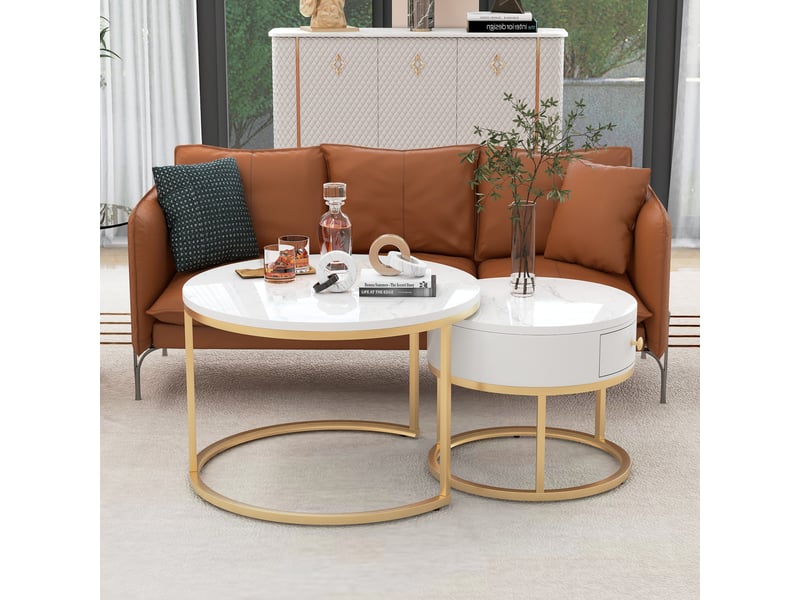  Table basse gigogne effet marbre blanc lot de 2 tables rondes modernes pour salon  - Conforama B
