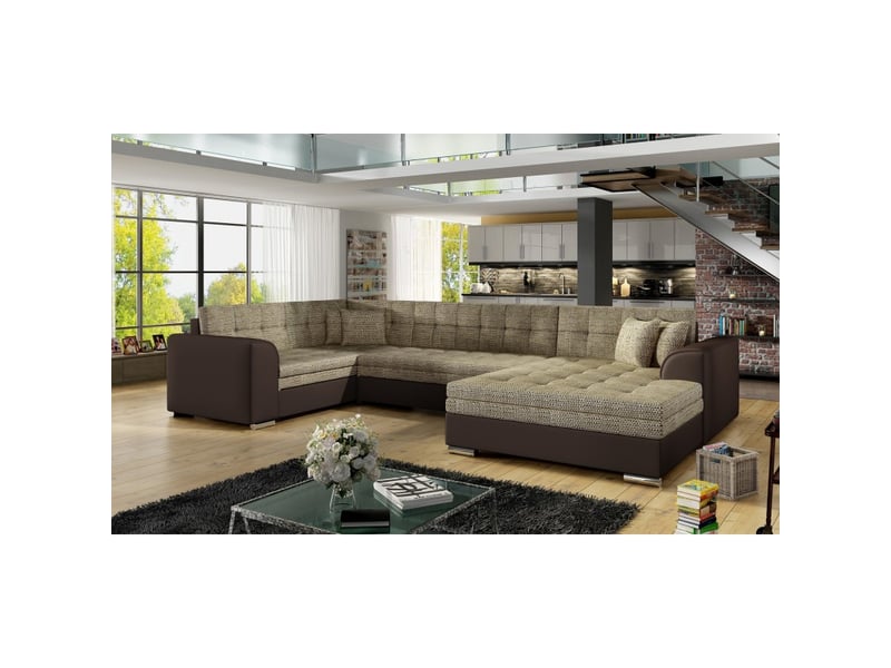  Canapé panoramique convertible caldero 5 places beige et chocolat – angle droit  - Conforama E