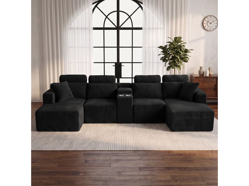  Canapé modulable en u 372 cm, canapé panoramique en velours côtelé, assise profonde, 2 porte-gobelets intégrés, noir  - Conforama B