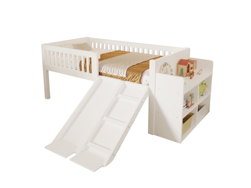  Lit mezzanine 140x200cm avec rangements, toboggan, échelle et espace sous le lit, structure mdf et pin, finition blanche, pour chambre enfant  - Conforama A