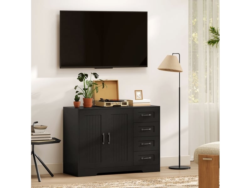  Buffet 105x40x76 cm noir en bois, 4 tiroirs, 1 placard avec étagère réglable pour salon ou salle à manger  - Conforama D