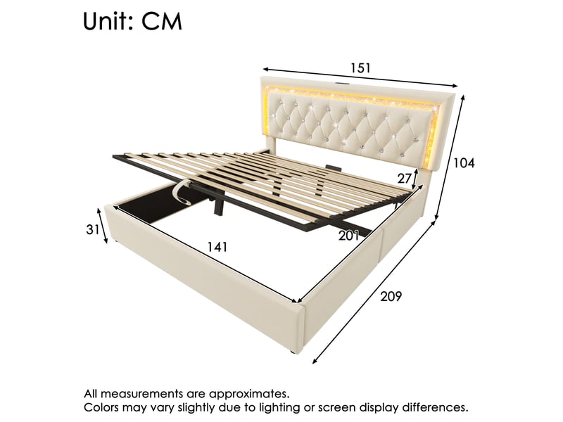  Modenvie lit coffre 140x200 cm - led intégrée, ports usb et usb-c, matelas inclus - beige  - Conforama C