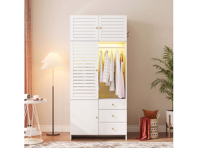 Armoire avec éclairage led, panier à linge, penderie et 3 tiroirs pour chambre, blanche, 90 × 50 × 200 cm  - Conforama C