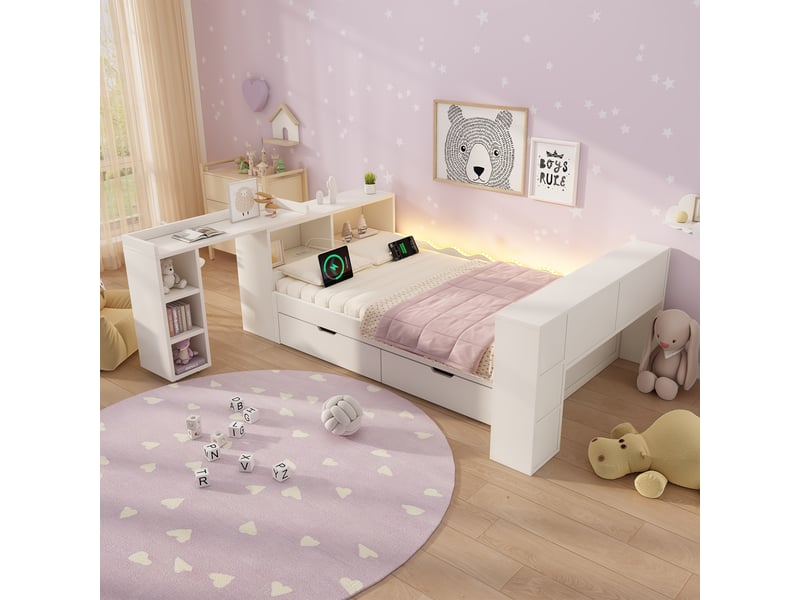  Canapé-lit 90x200cm - avec 2 tiroirs - avec éclairage led et prises de recharge - avec bureau extensible - blanc (matelas non inclus)  - Conforama D