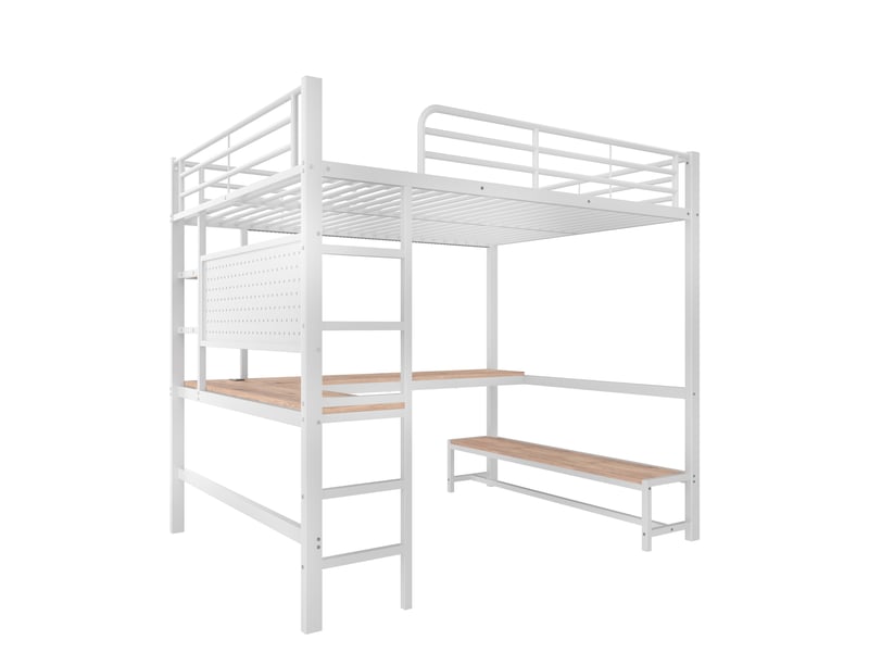  Lit mezzanine avec bureau, led, usb type-c et rangements, métal blanc, 140x200 cm, sans matelas  - Conforama D